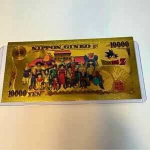 collectible, gold-colored foil, commemorative faux banknote with dragon ball-z